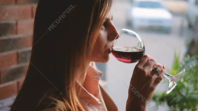 Relax unwind business woman glass red wine cafe