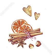 Christmas spices, cinnamon, star anise, nuts, orange, gingerbread cookies. Card for you. Handmade watercolor illustration. Winter
