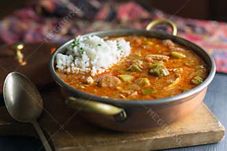 Authentic cajun gumbo with a scoop of rice. Shown with antique silver spoon.