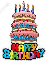 Happy birthday sign with tall cake