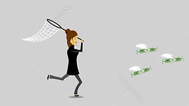 Business woman running behind flying currency