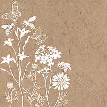 Floral background with meadow flowers, butterflies and bees. Vector illustration on a kraft paper with  place for text. Invitation