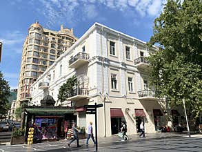 Baku, Azerbaijan, September, 09 2019. People walking around Fountain square along Nigyar Rafibeyli street  in September