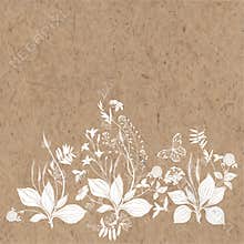 Floral background with wildflowers, herbs, bees,butterfly  and space for text on kraft paper. Invitation, greeting card