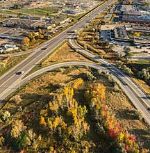 Fall in the City. Aerial View of fall colors at a road intersection in a Toronto suburb Canada 