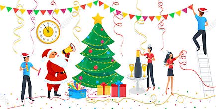 Christmas design elements set, cute cartoon Santa Claus, people in carnival costumes at party, family decorating Christmas tree.