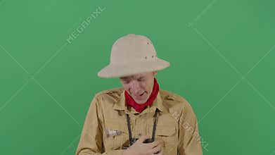 Contagious laughter of a adult man explorer