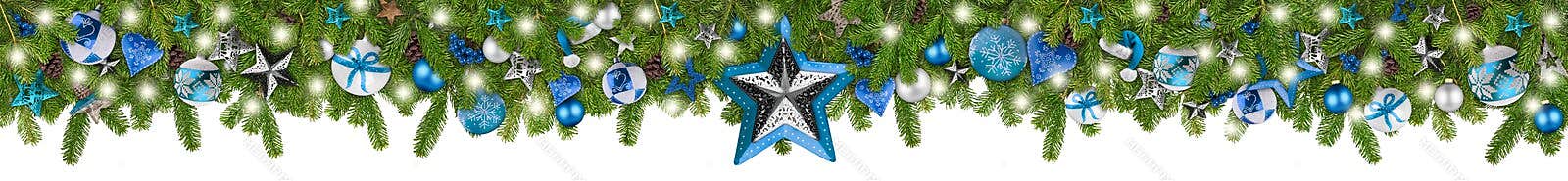 Christmas garland super wide panorama banner with fir branches blue turquoise and wooden silver stars lights and baubles xmas
