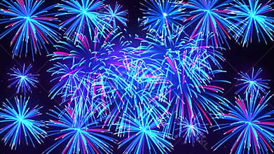 Bright fireworks in the night sky with stars. Colorful fireworks on a dark blue background. Festive sky for bright design