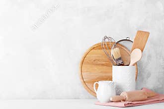 Kitchen shelf with white modern dishware