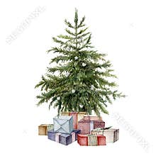 Watercolor Christmas tree with gift boxes. Hand painted New Year tree with toys and lights, gift boxes with bow isolated