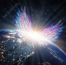 Angel touch, divine intervention, synchronicity, giving blessings, watching over Earth planet from space, orbit
