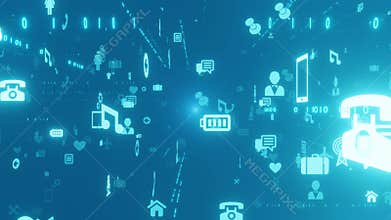 Flight camera abstract in the technology space social icons. Connect to social networks. 4K seamless loop