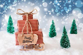 Sled, Present, Snow, Happy Birthday, Blue Background