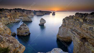 Sunrise over Faro and the Algarve from near Plaia da Marinha, Portugal