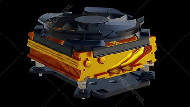 CPU fan with copper radiator. 3D rendering. Seamless loop 4k animation. Digital technology visualization of 3d