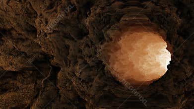 Moving through a cave tunnel with fog and light at the end