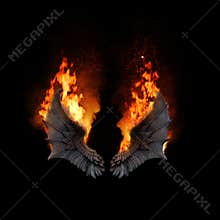 Burning angel dragon wings, dark atmospheric mood, fantasy background
