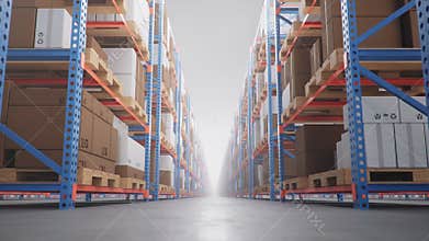 Warehouse with cardboard boxes inside on pallets racks, logistic center. Huge, large modern warehouse. Warehouse filled