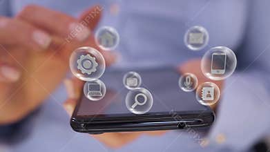 Woman hand hold smartphone having futuristic virtual interface