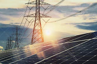 Solar panels with electricity pylon and sunset. Clean energy concept. power alternative