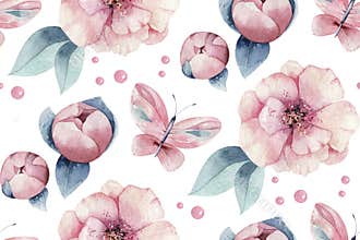 Baby shower kid swan watercolor girl seamless pattern butterfly cartoon elements. Set of baby pink dress and baby`s