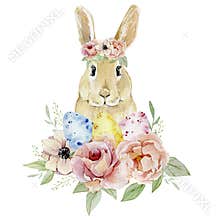 Watercolor Happy Easter egg nd funny bunny with botanical flowers clipart. Vintage Easter illustration for greating card, banner,