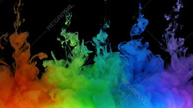 Multicolored composition from ink streams. ink streams from the rainbow spectrum float and mix in the center of the