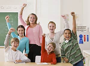 Teacher and students cheering
