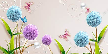 3d mural illustration light gray background with golden jewelry and flowers with silhouettes of dandelions , pearl , butterfly , g