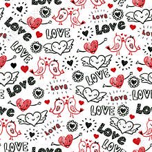 Valentines day doodles seamless pattern. Kissing birds, flying hearts, Love scribbles in red and black. Repeating hand