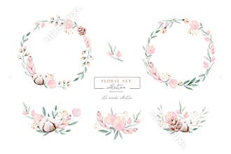 Watercolor floral wreath and bouquet frame illustration with cotton balls peach color, white, pink, vivid flowers, green