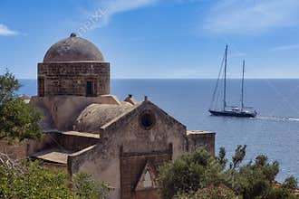 View of the old town of Monemvasia in Lakonia of Peloponnese, Greece