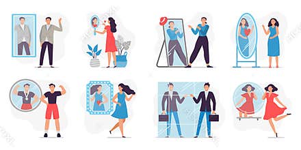 People looking in mirror. Love and proud yourself, man happy to see reflection in mirror and motivation vector