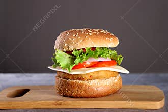 Fast Food - Burger on a wooden board