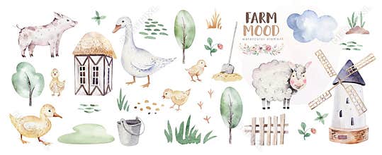 Farms animal set mill. Cute domestic pets watercolor illustration. horse and goose. ranchp pig design with goat. rooster