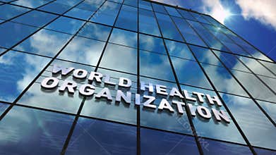 World Health Organization building glass skyscraper with mirrored sky loop animation