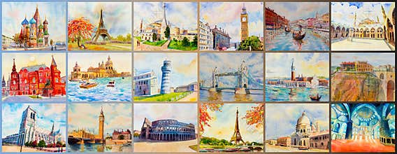 World architectural set of Travel around the world and sights. Famous landmark of europe