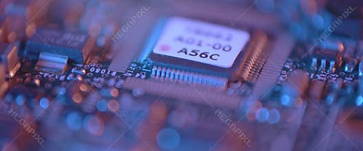 Close-up of electronic circuit board. Macro Integrated, communication.