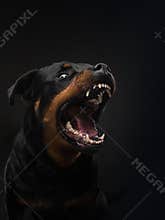 Angry dog with open mouth. Pet catches food. Rottweiler snarls