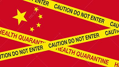 Coronavirus threat from China. Animation movie show Chinese flag with yellow barricade tape saying Caution do not enter and Health
