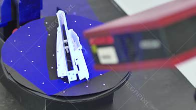 Professional 3D Scanner Scanning an Industrial Object Placed on a Turntable, Development Concept