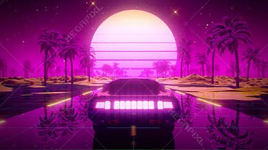 3D Retro Synthwave Car Landscape VJ Loop Motion Background