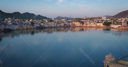 Famous indian hinduism pilgrimage town sacred holy hindu religious city Pushkar with Pushkar ghats. Rajasthan, India.