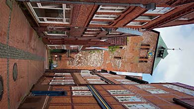 Architecture of historical center medieval Hanseatic city Stade, Lower Saxony, Germany, Europe July 12, 2023 Vertical