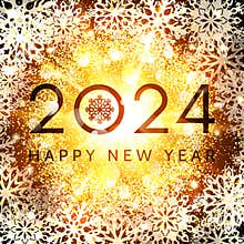 Happy New Year 2024 greeting card design on glowing abstract background with glittering confetti elements and snowflakes
