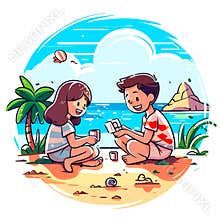 Children playing on the sandy beach by the sea. Summer holidays and fun. Cartoon illustration. white background, label, sticker