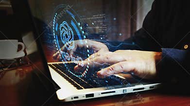 ChatGPT artificial intelligence chat bot symbol and man typing keyboard