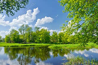 Spring landscape river clouds blue sky green trees