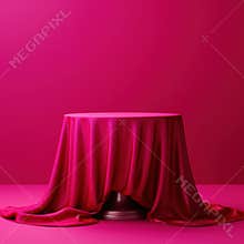 Red velvet podium with spotlight. Satin cloth podium for product presentation.